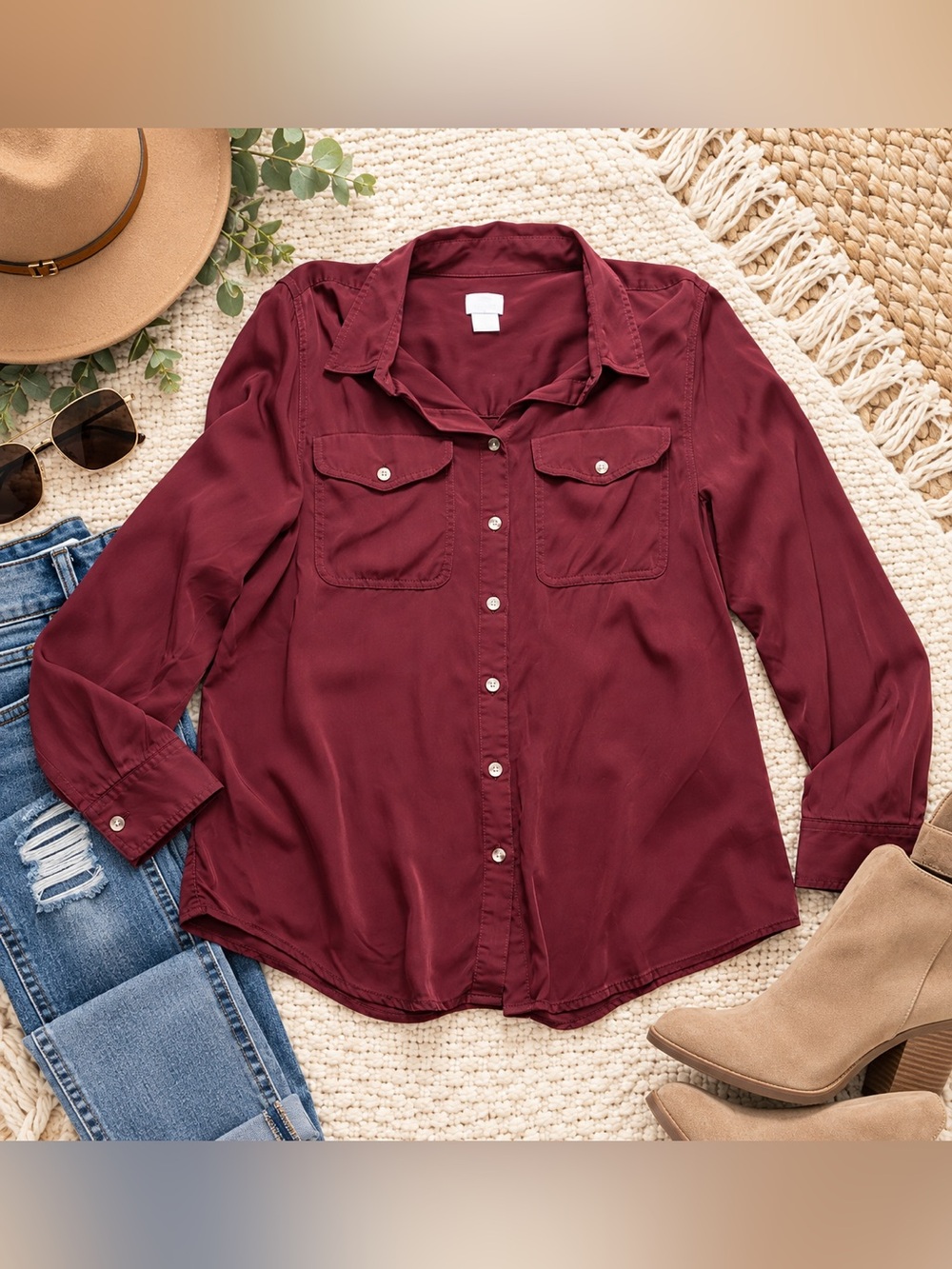 Chico’s Size 2 Large 12/14 Burgundy Wine Button Down Utility Shirt Blouse